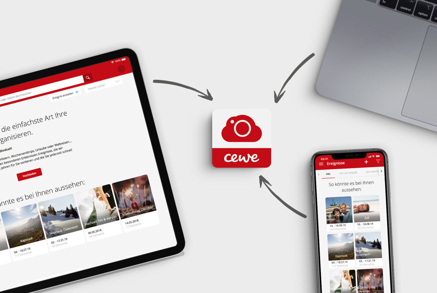 "Tablet, Laptop und Smartphone zeigen CEWE Anwendungen, von jedem Gerät zeigt ein Pfeil auf ein CEWE myPhotos Symbol.         "