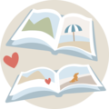 Illustration eines offenen Fotobuchs mit Bildern von Landschaften und Strand